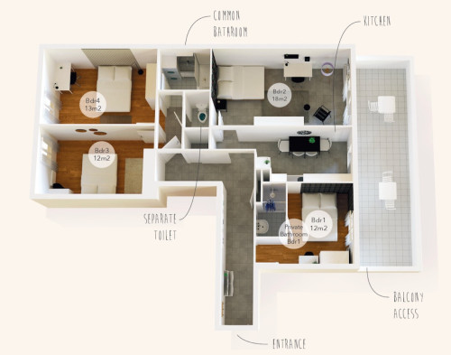 Bright apartment with 4 equipped bedrooms