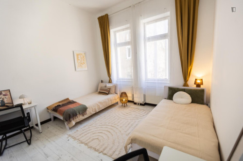 Bed in a welcoming twin bedroom, in District VII