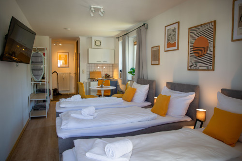 Great 1-room apartment for 3 people in a prime location with WiFi, SmartTV, shower, and kitchen.