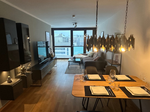 tylish fully furnished top-floor apartment with balcony & TV Tower view