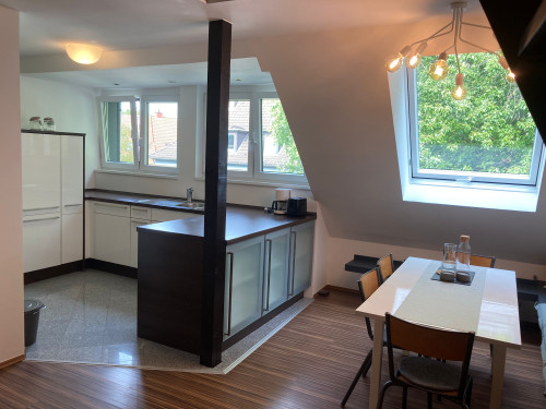 An open-plan loft flat with a mezzanine