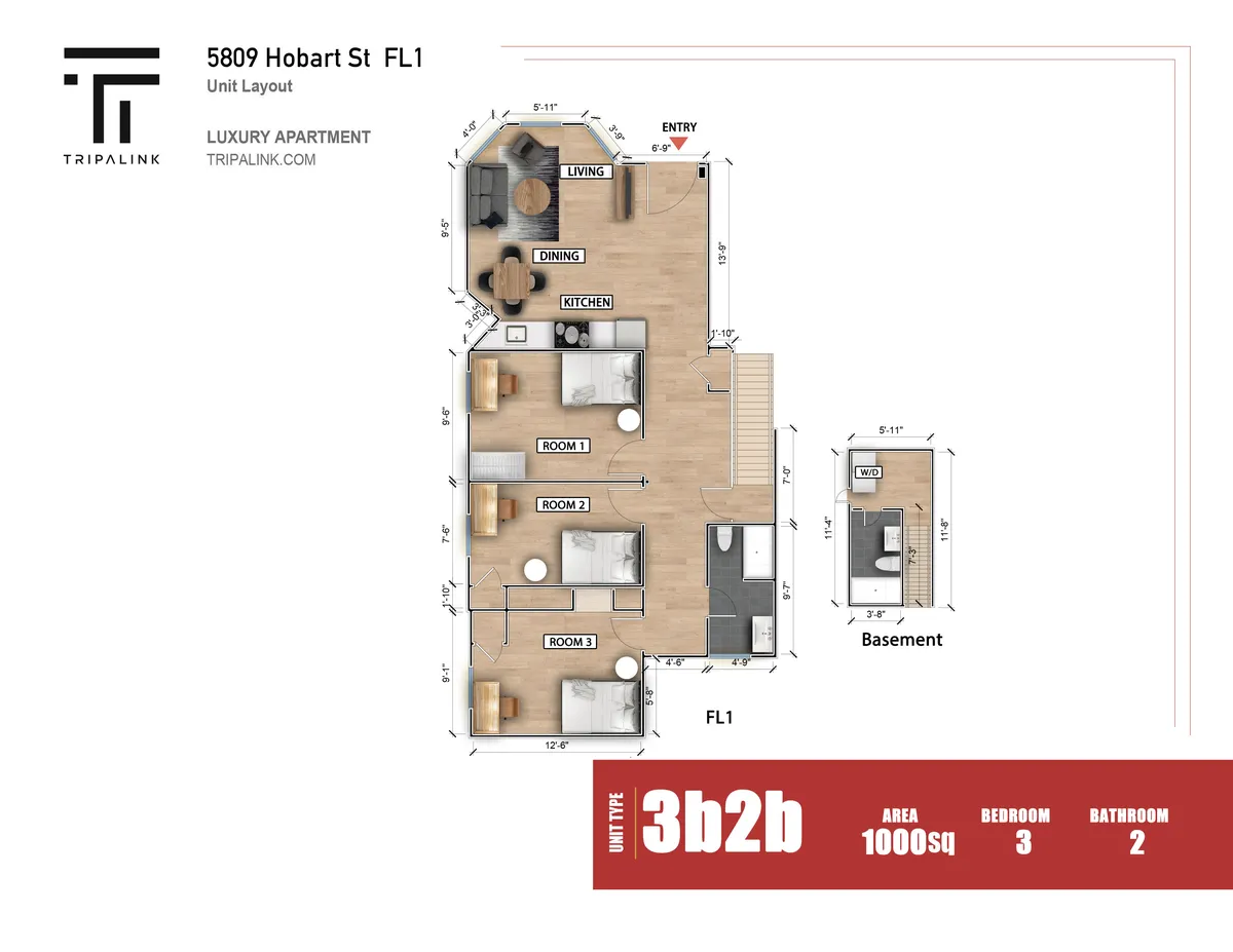  3 Beds 2 Baths  -  5807 - 5809 Hobart St  - Gallery -  3