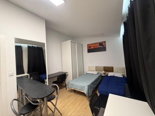 Comfy bedroom with a private bathroom and a small kitchen